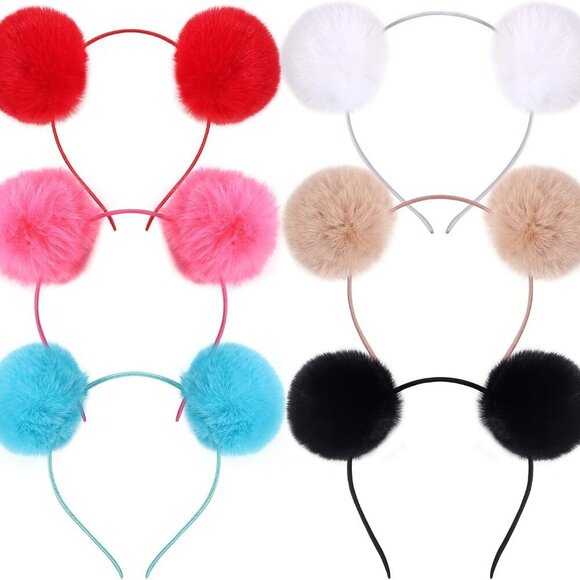 6 Pcs Bear Ears Headbands Fluffy Pom Poms Soft Cosplay Costume Hair Accessory